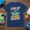 Level 67 Days of School Unlocked t-shirt design featuring a rocket flying over a city skyline, gamer font style