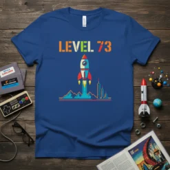 Level 73 text with a rocket launching over mountains and city skyline on a blue t-shirt
