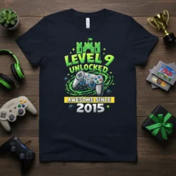 Level 9 Unlocked Awesome Since 2015 gamer birthday t-shirt design with video game controller and castle graphic