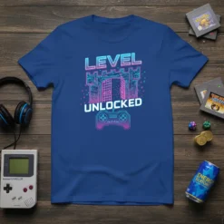 Level Unlocked text with castle gate graphic and controller on a blue t-shirt, perfect for gamers