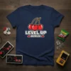 T-shirt with "LEVEL UP BONUS!" text and cartoon cherries, inspired by retro video games