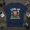 Level Up Gamer Mode Activated t-shirt with a cute red panda playing video games