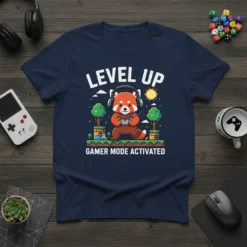 Level Up Gamer Mode Activated t-shirt with a cute red panda playing video games