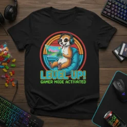 Meerkat wearing headphones playing a video game, text "Level Up! Gamer Mode Activated" on a black t-shirt