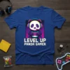 Level Up Panda Gamer text with a cute panda wearing headphones and holding a game controller, on a blue t-shirt