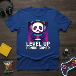 Level Up Panda Gamer text with a cute panda wearing headphones and holding a game controller, on a blue t-shirt