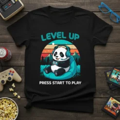 Level Up Press Start To Play text with a cute panda wearing headphones and holding a game controller, sitting on