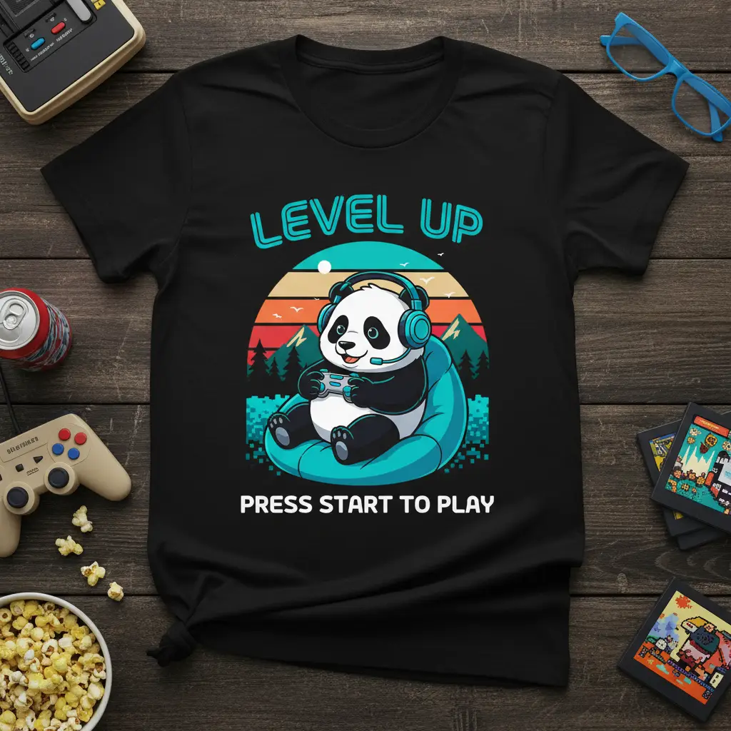 Level Up Press Start to Play Panda Gamer T-Shirt