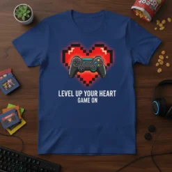 Level Up Your Heart Game On t-shirt with pixel heart and game controller graphic