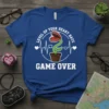 Blue t-shirt with "Level Up Your Heart Rate Game Over" text and a carnivorous plant graphic, featuring a heartbeat line