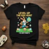 Easter bunny in gaming gear holding a blue disc with an arrow, text reads "Level Up The Egg Hunt +10