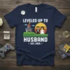 Pixel art design "Leveled Up To Husband Est. 2025" with groom and bride figures and castle graphic