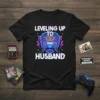 Leveling Up To Husband t-shirt design with gamer controller and wedding rings, perfect for a new husband or anniversary gift