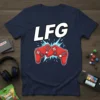 Navy blue t-shirt with bold white "LFG" text and red gaming controllers graphic, signifying "Looking For Group."