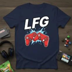 Navy blue t-shirt with bold white "LFG" text and red gaming controllers graphic, signifying "Looking For Group."