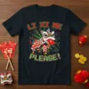 Chinese New Year T-Shirt with "Li Xi Me Please!" text and a cartoon lion dance graphic holding a red envelope