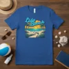 Lido Beach graphic t-shirt design with palm trees, ocean waves, and a sunset path