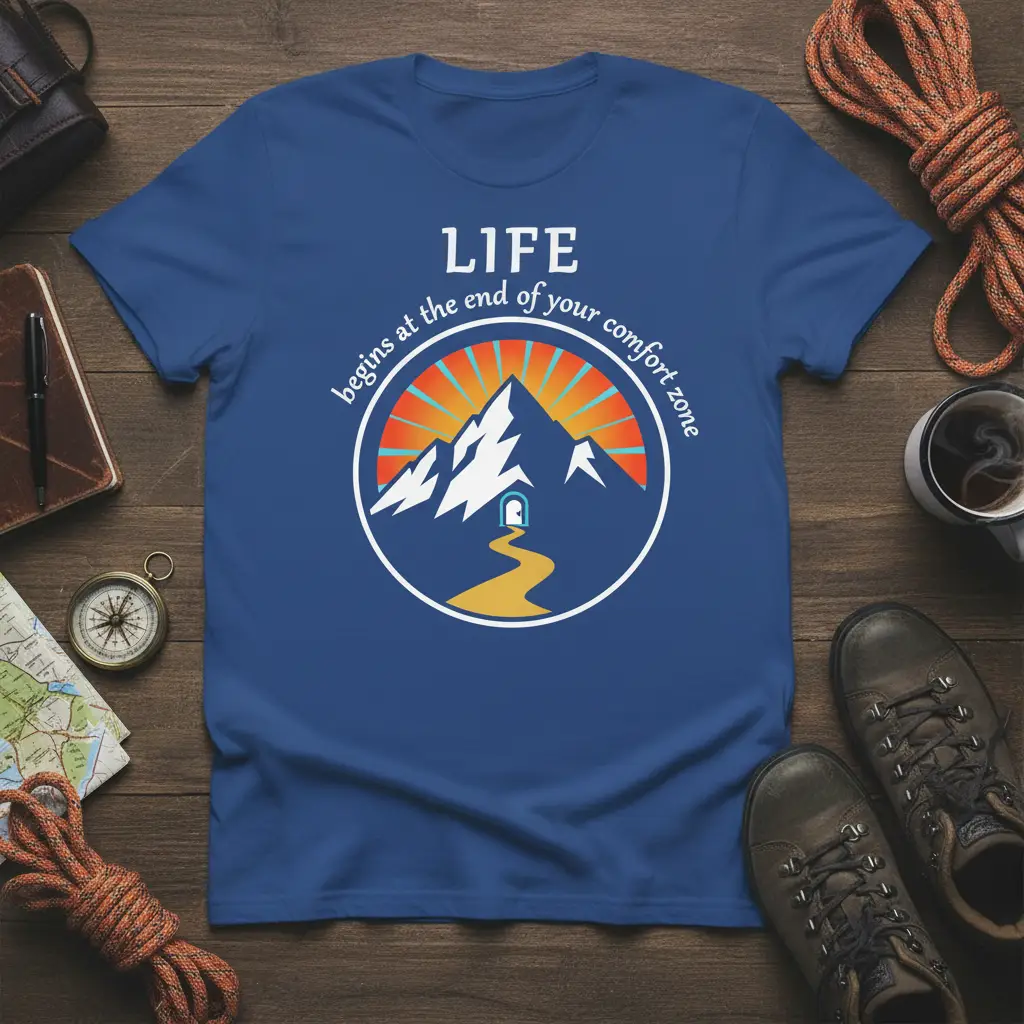 LIFE begins at the end of your comfort zone quote with mountain graphic on a blue t-shirt