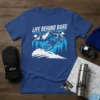 Blue t-shirt with "Life Behind Bars" text and a snowmobiler riding through a snowy mountain landscape