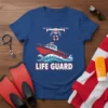 Life Guard text with red rescue boat and drone dropping life preserver on blue t-shirt