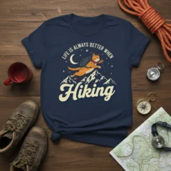 Life is Always Better When Hiking t-shirt with a cartoon cat wearing a backpack and holding a hiking stick, mountains