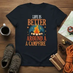 Life Is Better Around A Campfire quote t-shirt with a graphic of a campfire and tents