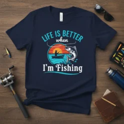 Life is Better When I'm Fishing text with graphic of angler in boat and jumping fish
