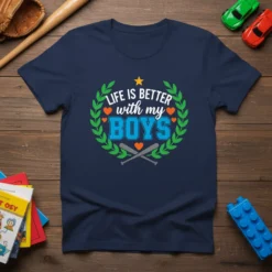 LIFE IS BETTER with my BOYS baseball t-shirt design with laurel wreath and crossed bats