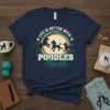 Life Is Better With Poodles Around text on a navy t-shirt featuring three poodle graphics in a circle