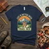 Life Is Better With Trail Mix T-Shirt design featuring a cartoon bag of trail mix walking on a path with