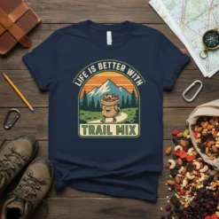 Life Is Better With Trail Mix T-Shirt design featuring a cartoon bag of trail mix walking on a path with