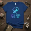 Life Is Better With A Cat quote with a silhouette of a cat inside a heart, on a navy t-shirt