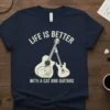Life Is Better With A Cat And Guitars text with sleeping cat and guitars graphic on navy t-shirt