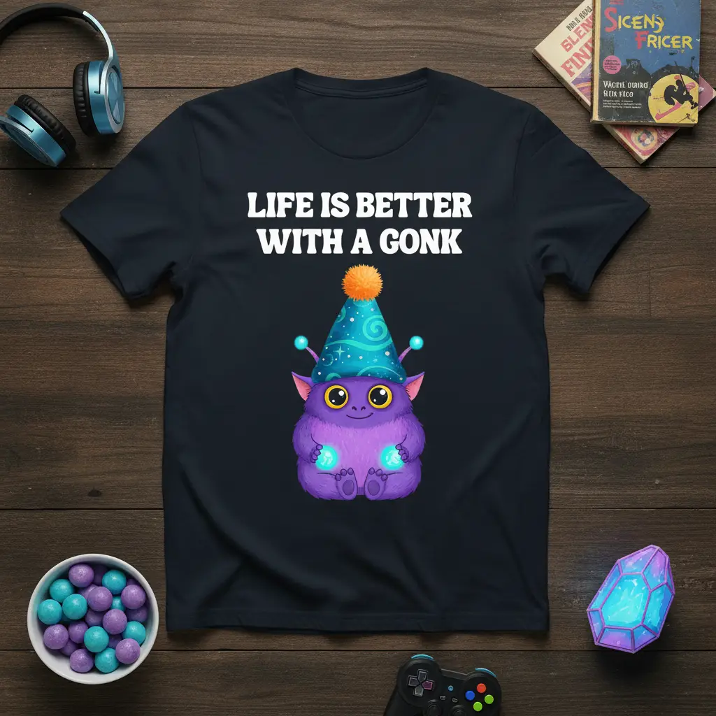 Life Is Better With A Gonk humorous quote with a cute purple monster graphic on a t-shirt