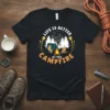 Life is Better at the Campfire quote on a black t-shirt with camping graphic, mountains, trees, and stars