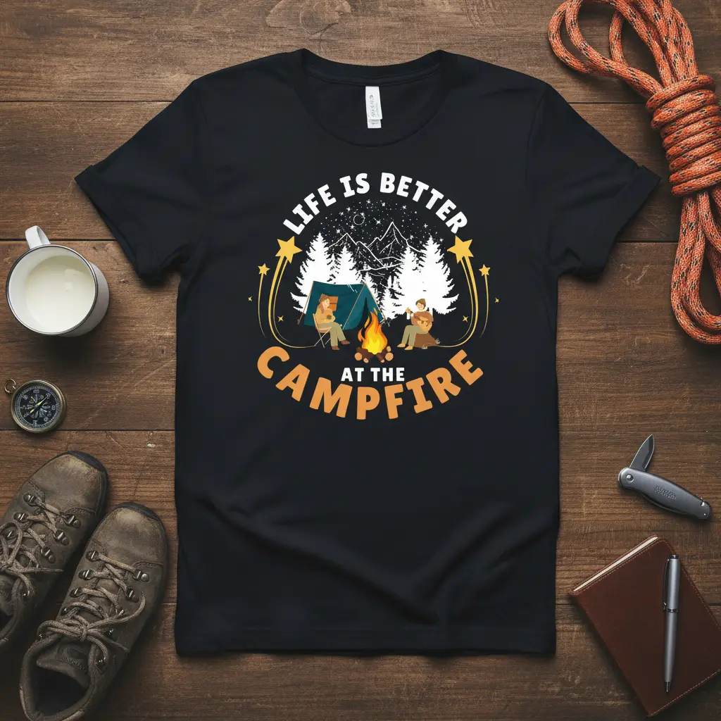 Life is Better at the Campfire quote with a tent, campfire, and starry night scene on a black tee