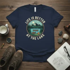 Life Is Better At The Lake t-shirt featuring a circular graphic of a serene lake scene with mountains, canoe, dock