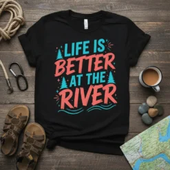 Black t-shirt with "Life Is Better At The River" text in coral and teal, featuring pine trees and wavy lines