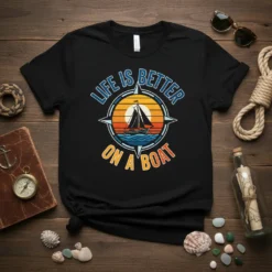 Life Is Better On A Boat T-Shirt featuring a sailboat at sunset within a compass graphic