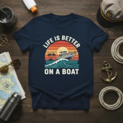 Life Is Better On A Boat text with a boat graphic and sunset over waves, navy t-shirt design