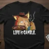 Life Is Gamble Cat Shirt with roulette, poker chips, and Japanese text for casino lovers