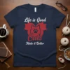 Life is Good Cats Make it Better text design with red cat silhouettes and paw print graphic on a navy