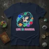 LIFE IS MAGICAL t-shirt with a rainbow dragon flying through a colorful galaxy of planets and stars