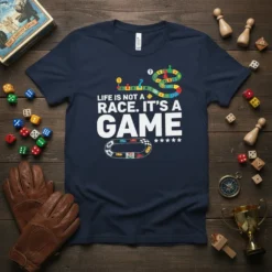 Navy t-shirt with white text "LIFE IS NOT A RACE. IT'S A GAME" and board game graphic