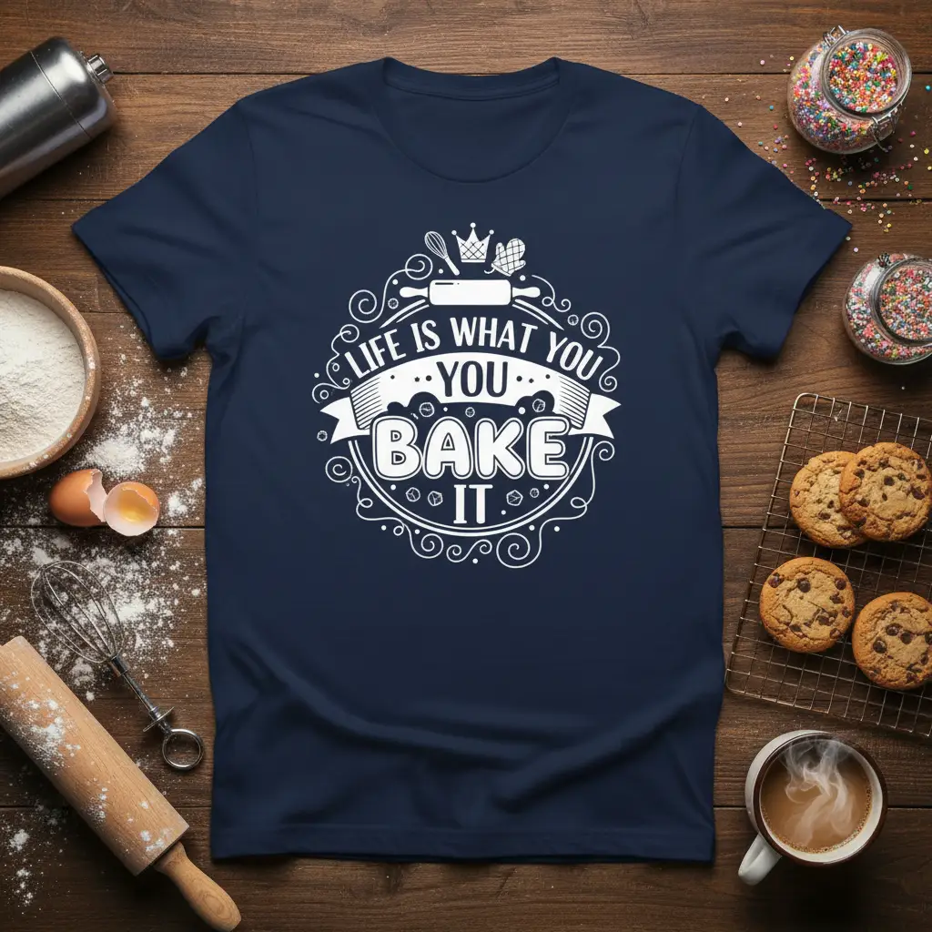 Life is What You Bake It quote in decorative typography with baking icons on a navy tee