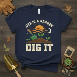 Life Is A Garden Dig It t-shirt with vintage sun, moon, and sprouting plants graphic