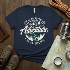 Life Is An Adventure Be An Explorer text with mountain and campfire graphic on navy t-shirt