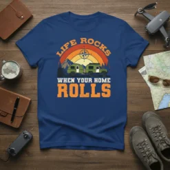 Life Rocks When Your Home Rolls text with a retro caravan graphic on a dark blue t-shirt, ideal for RV