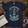 T-shirt with "Life Universe Oh No Not Again 42 Everything" text, featuring a dolphin on a rocket, planets, and a
