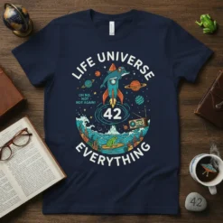 T-shirt with "Life Universe Oh No Not Again 42 Everything" text, featuring a dolphin on a rocket, planets, and a